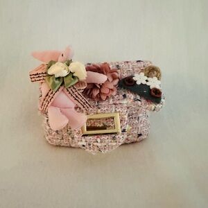 Pink Tweed Floral Appliqué Crossbody Bag